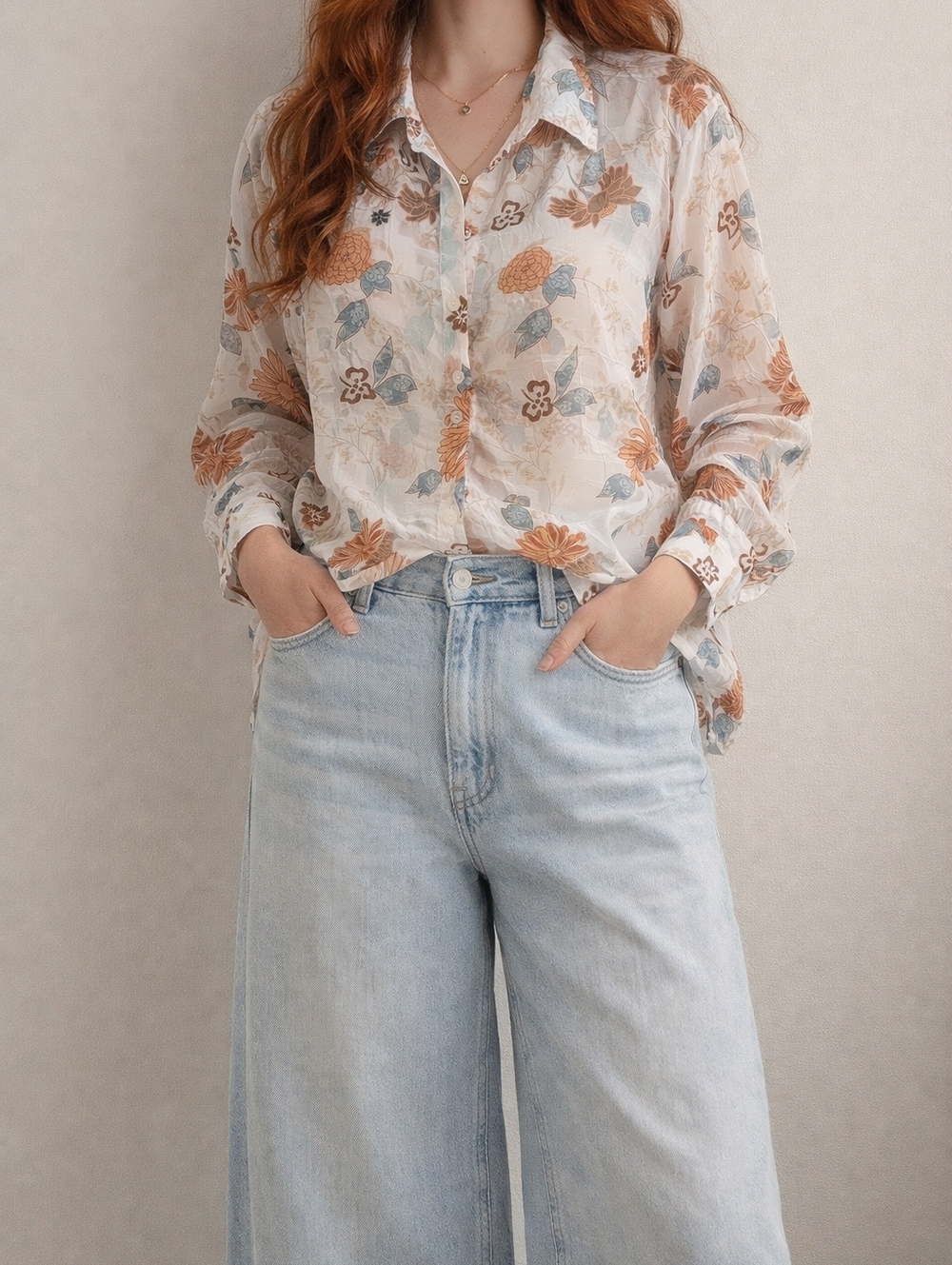 Alfred Dunner Sheer Floral Button-Down Blouse in Cream, Brown and Blue-Green